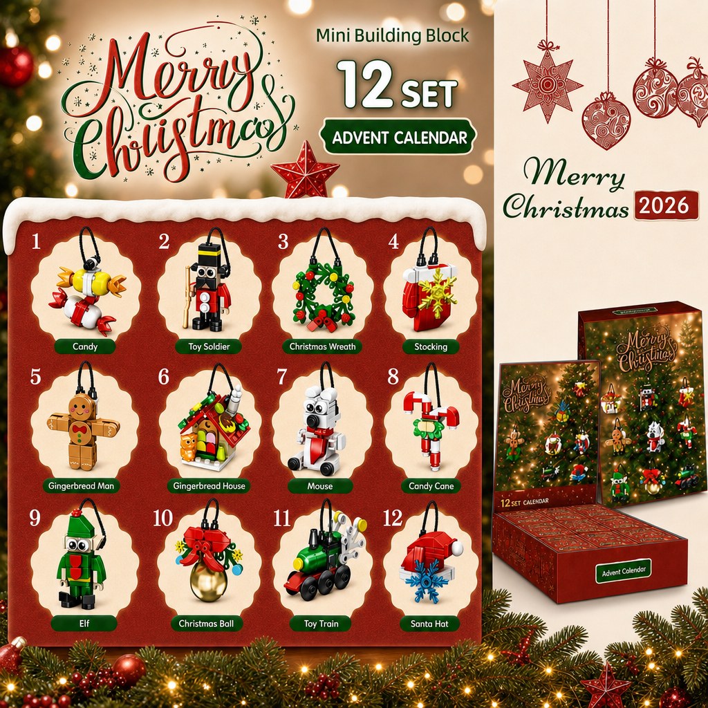 12-Tage-Weihnachts-Countdown mit Mini-Anhängern, Blind-Box-Set aus Bausteinen