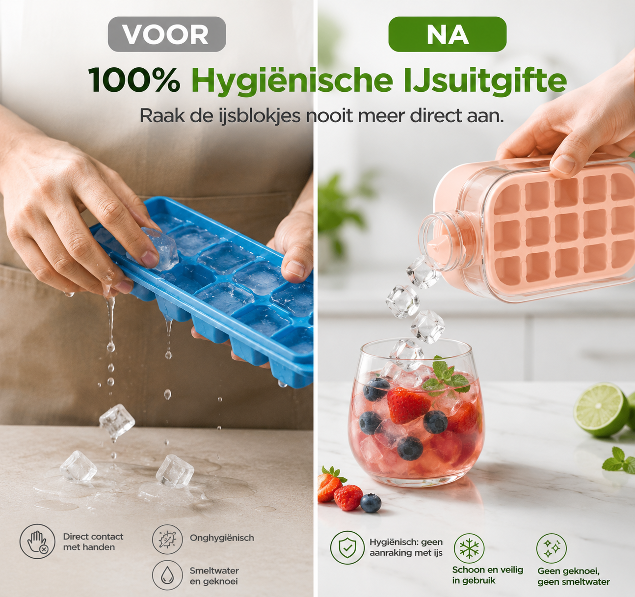 2-In-1-Eiswürfelflasche — Auffüllen, Einfrieren & Drücken