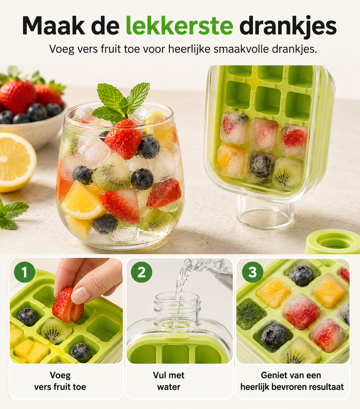 2-In-1-Eiswürfelflasche — Auffüllen, Einfrieren & Drücken