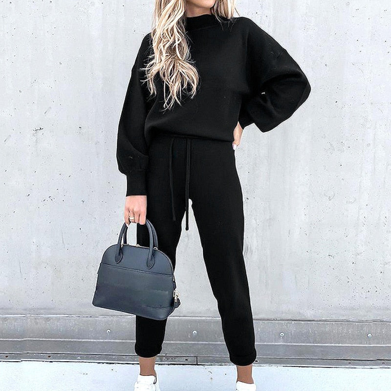 2-Teiliges Damen-Loungewear-Set mit Ballonärmeln und verstellbarer Taille