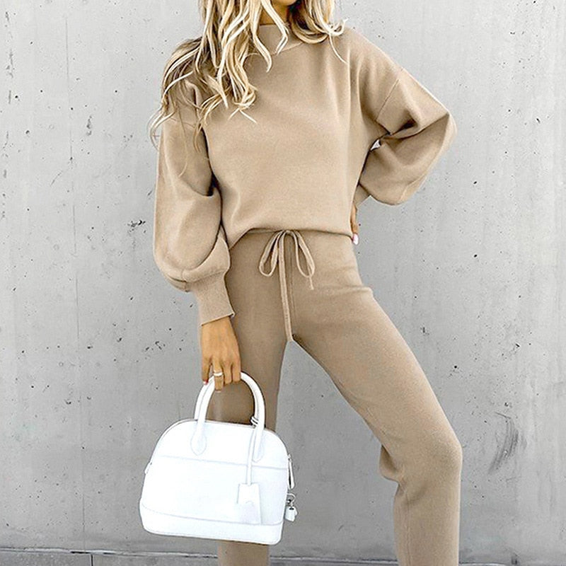 2-Teiliges Damen-Loungewear-Set mit Ballonärmeln und verstellbarer Taille