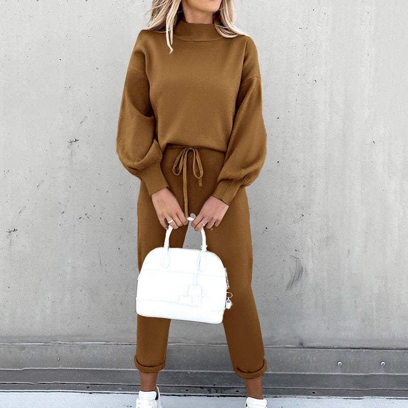 2-Teiliges Damen-Loungewear-Set mit Ballonärmeln und verstellbarer Taille