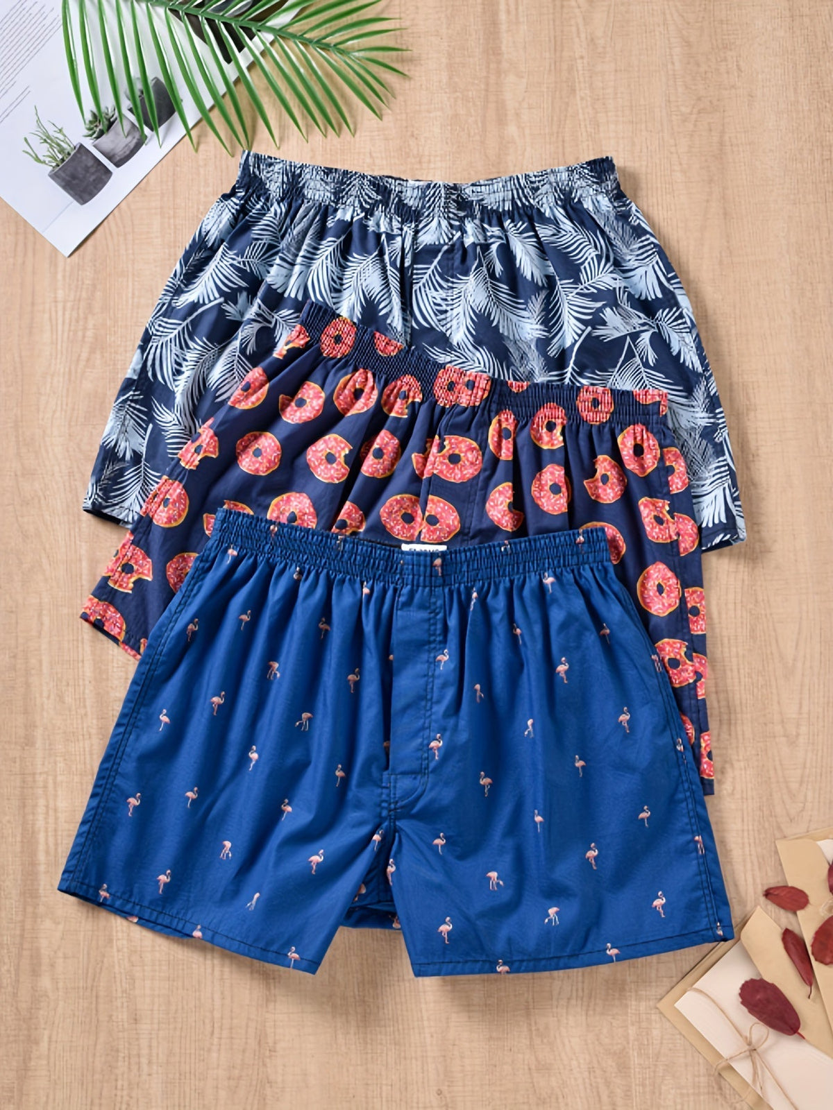 3er-Pack Herren-Boxershorts aus 100 % Baumwolle mit modernem Pflanzenmuster
