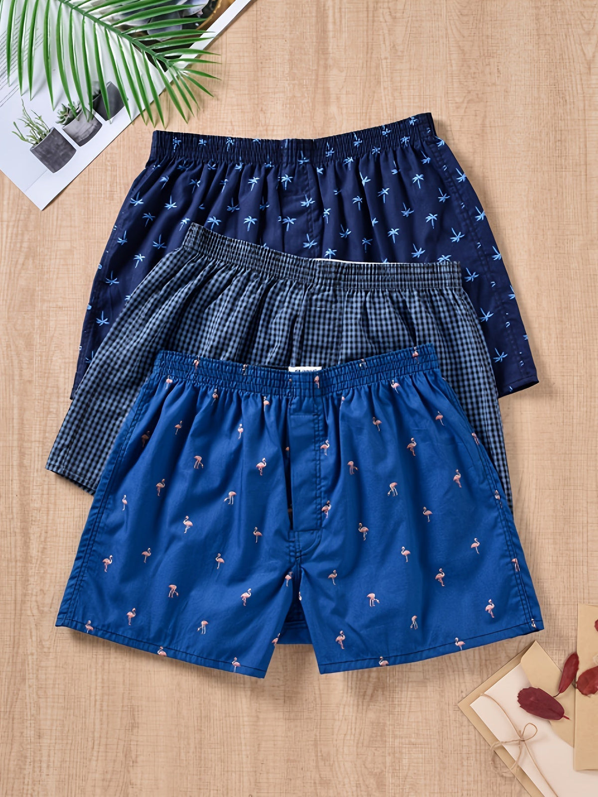 3er-Pack Herren-Boxershorts aus 100 % Baumwolle mit modernem Pflanzenmuster