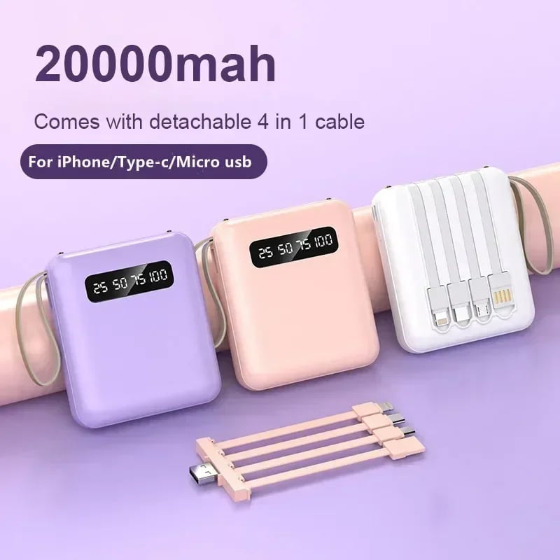 4-In-1-Powerbank - USB-C-Schnellladung - 10000 & 20000 mAh - Schwarz, Weiß & Lila