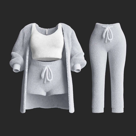 4-Teiliges Plüsch-Strick-Loungewear-Set für Damen
