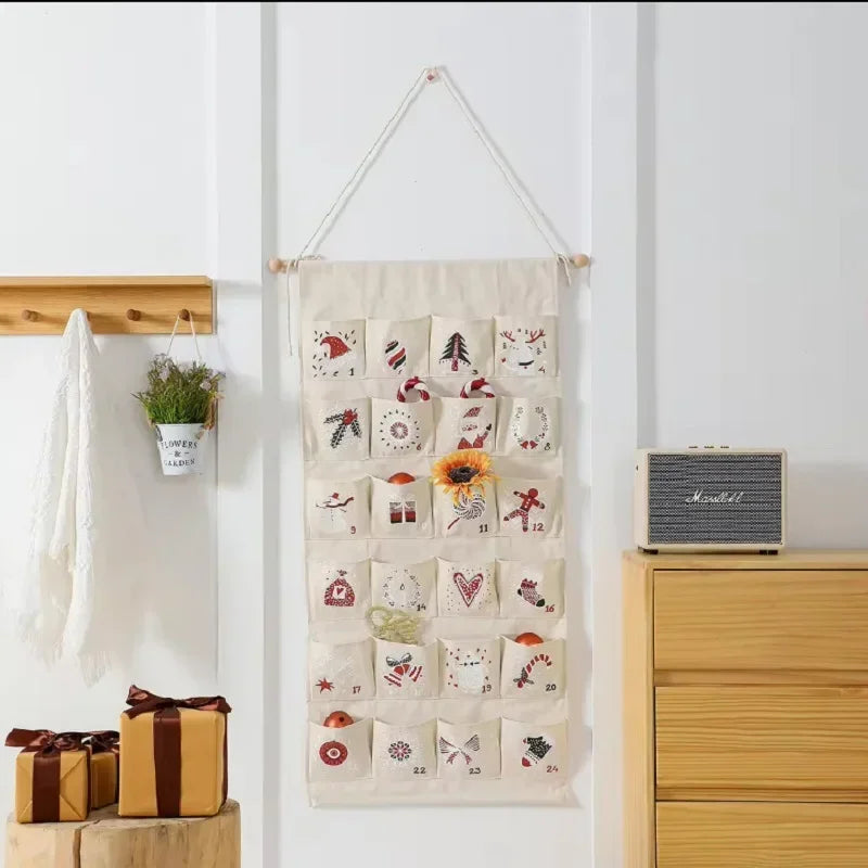 Adventskalender mit 24 Taschen aus Segeltuch für Kinder – Mehrfarbige Weihnachtsdekoration zum Aufhängen