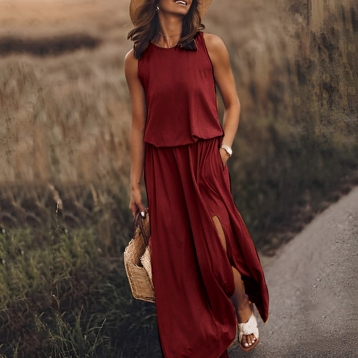 Ärmelloses Damen-Blouson-Maxikleid mit Rundhalsausschnitt und Seitenschlitz
