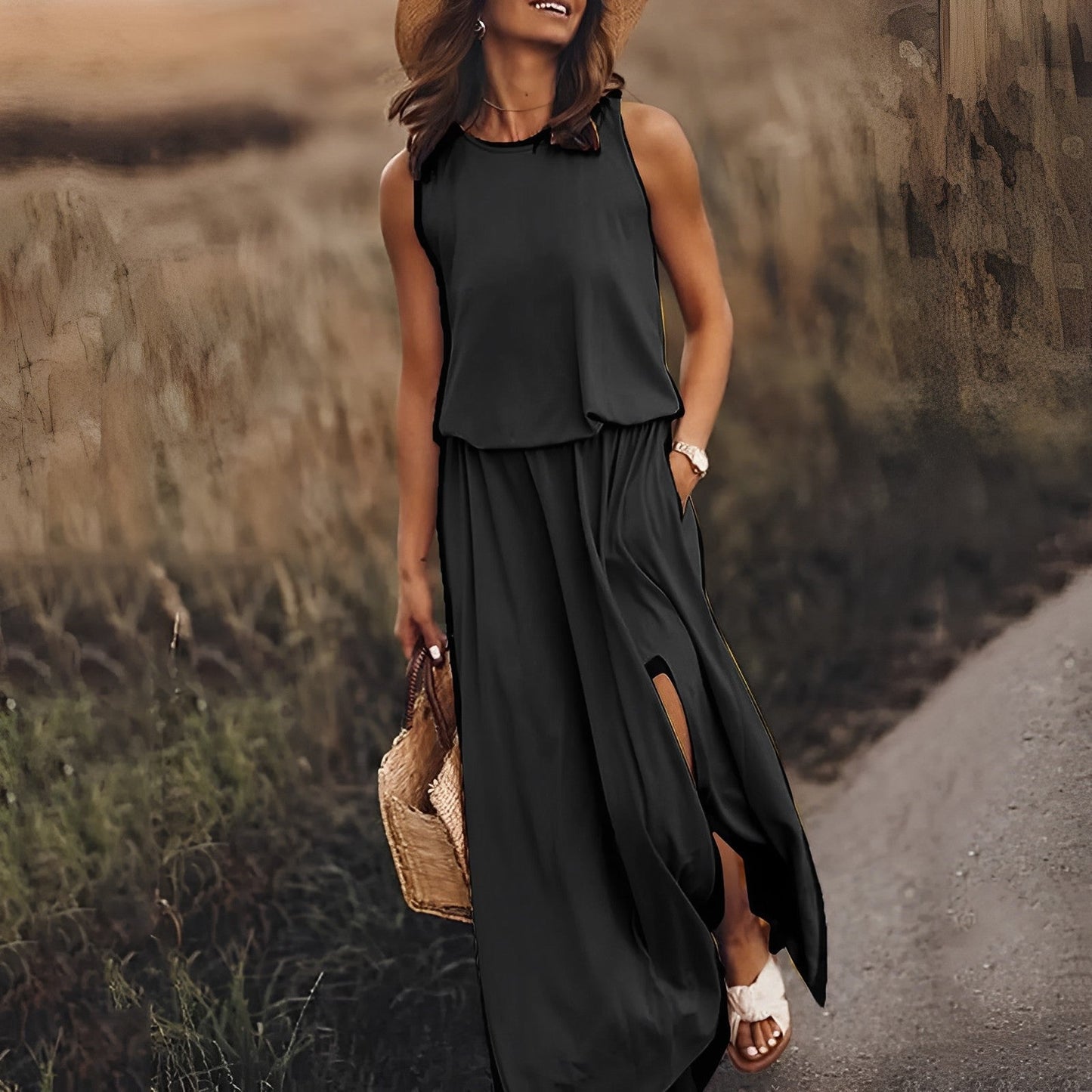 Ärmelloses Damen-Blouson-Maxikleid mit Rundhalsausschnitt und Seitenschlitz