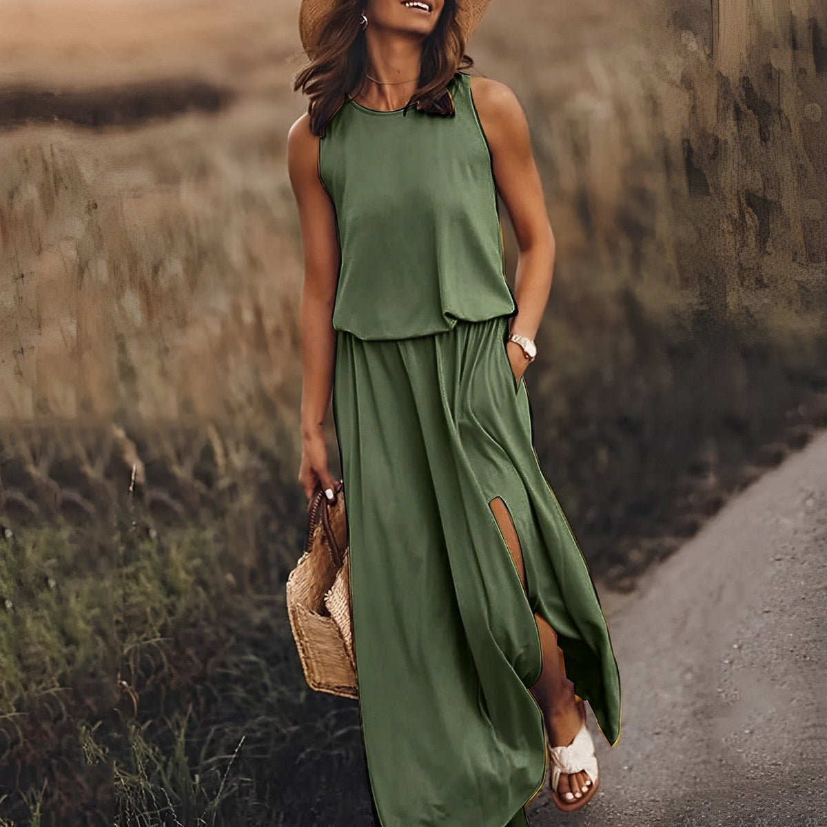 Ärmelloses Damen-Blouson-Maxikleid mit Rundhalsausschnitt und Seitenschlitz
