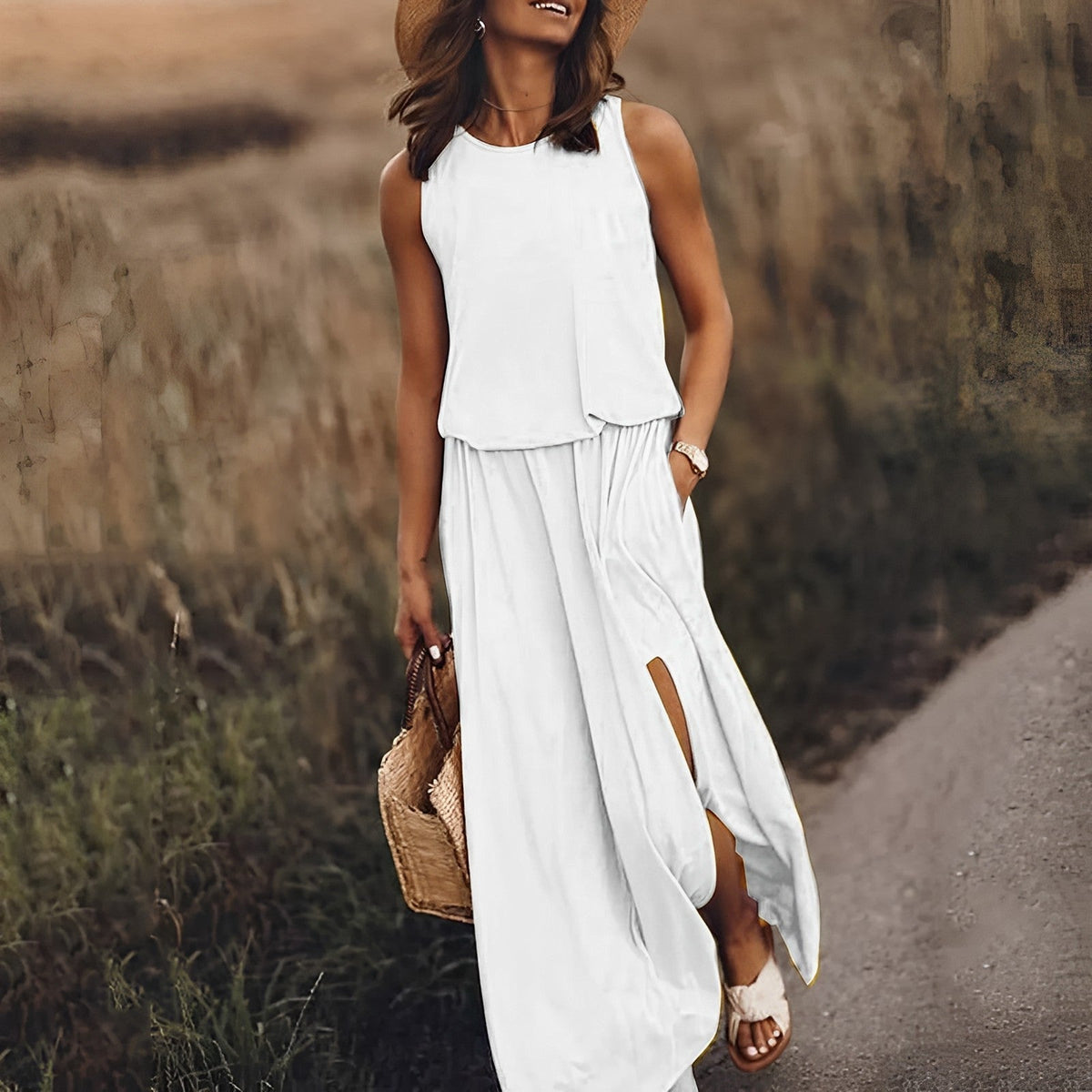 Ärmelloses Damen-Blouson-Maxikleid mit Rundhalsausschnitt und Seitenschlitz