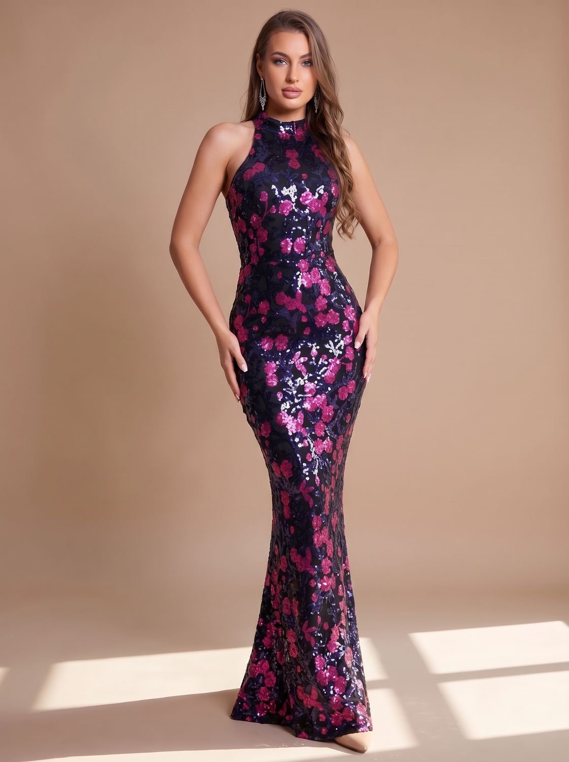 Ärmelloses Maxikleid für Damen mit floralem Paillettenmuster und Stehkragen für Weihnachtsfeiern