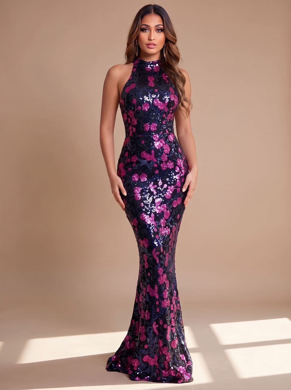 Ärmelloses Maxikleid für Damen mit floralem Paillettenmuster und Stehkragen für Weihnachtsfeiern