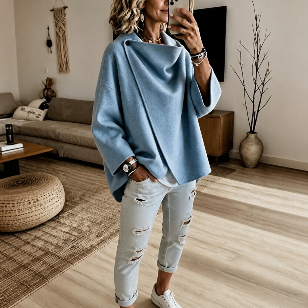 Asymmetrische Wickel-Cape-Jacke mit Knopf