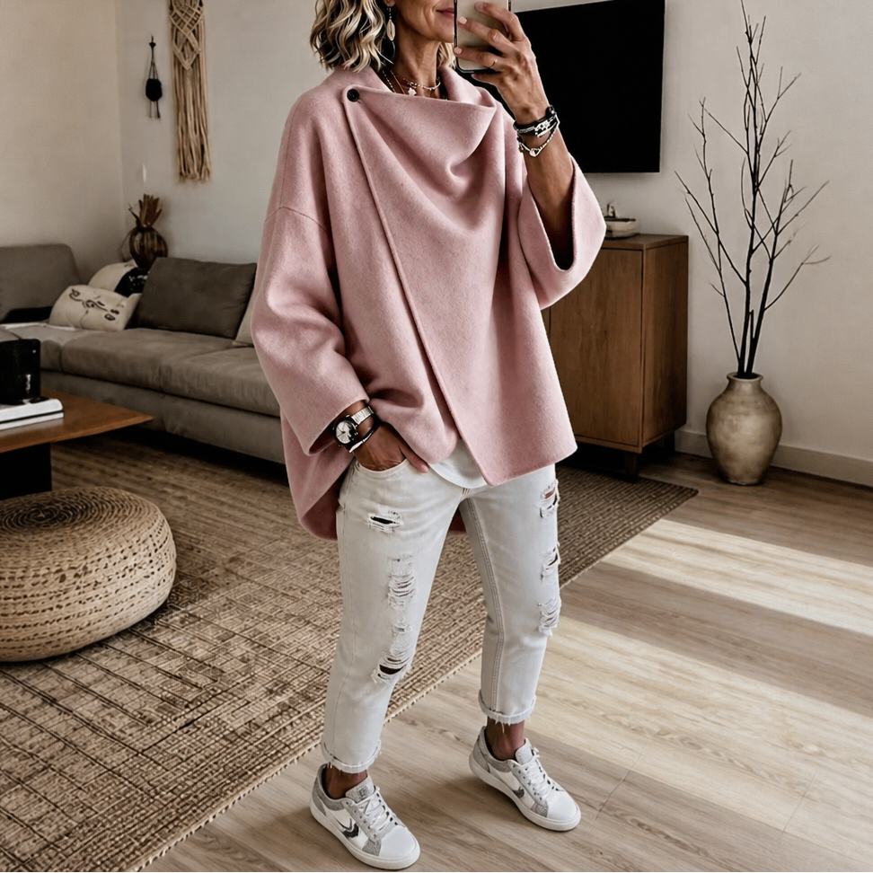 Asymmetrische Wickel-Cape-Jacke mit Knopf