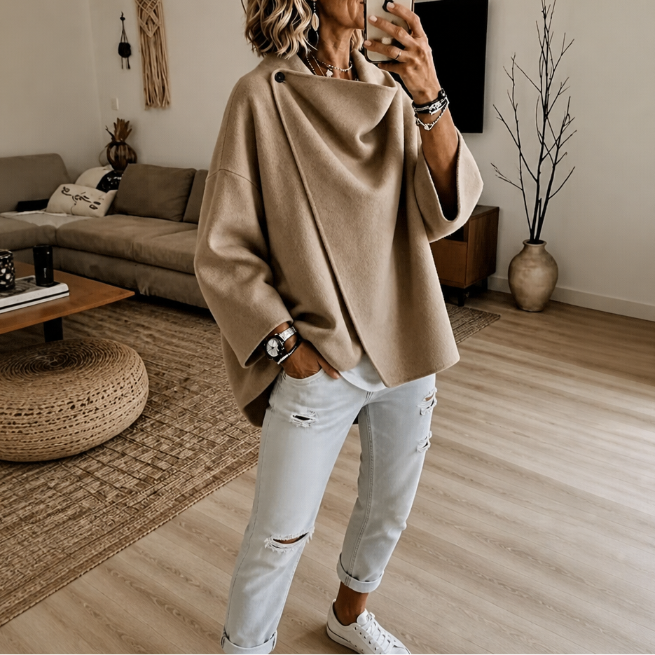 Asymmetrische Wickel-Cape-Jacke mit Knopf