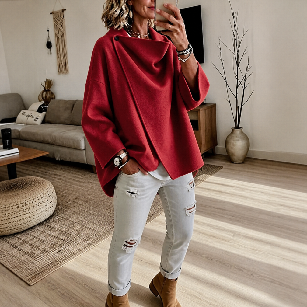 Asymmetrische Wickel-Cape-Jacke mit Knopf