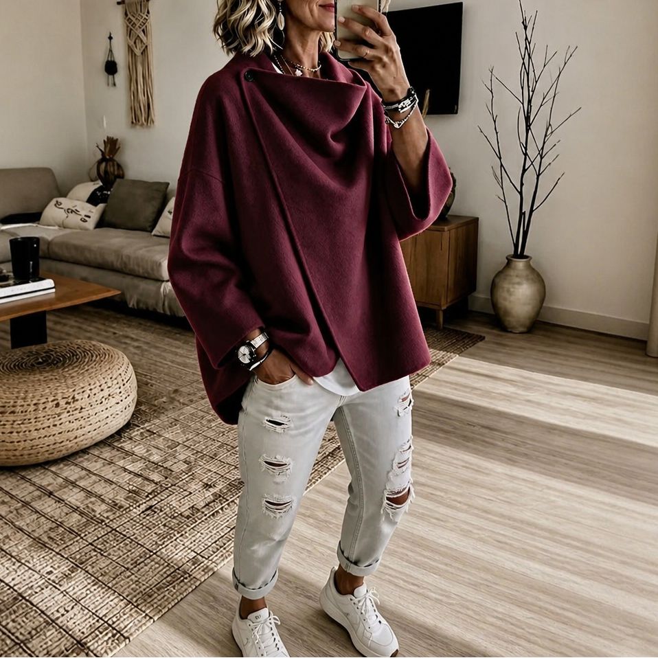 Asymmetrische Wickel-Cape-Jacke mit Knopf