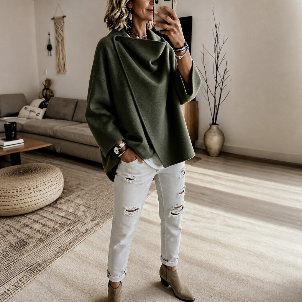 Asymmetrische Wickel-Cape-Jacke mit Knopf