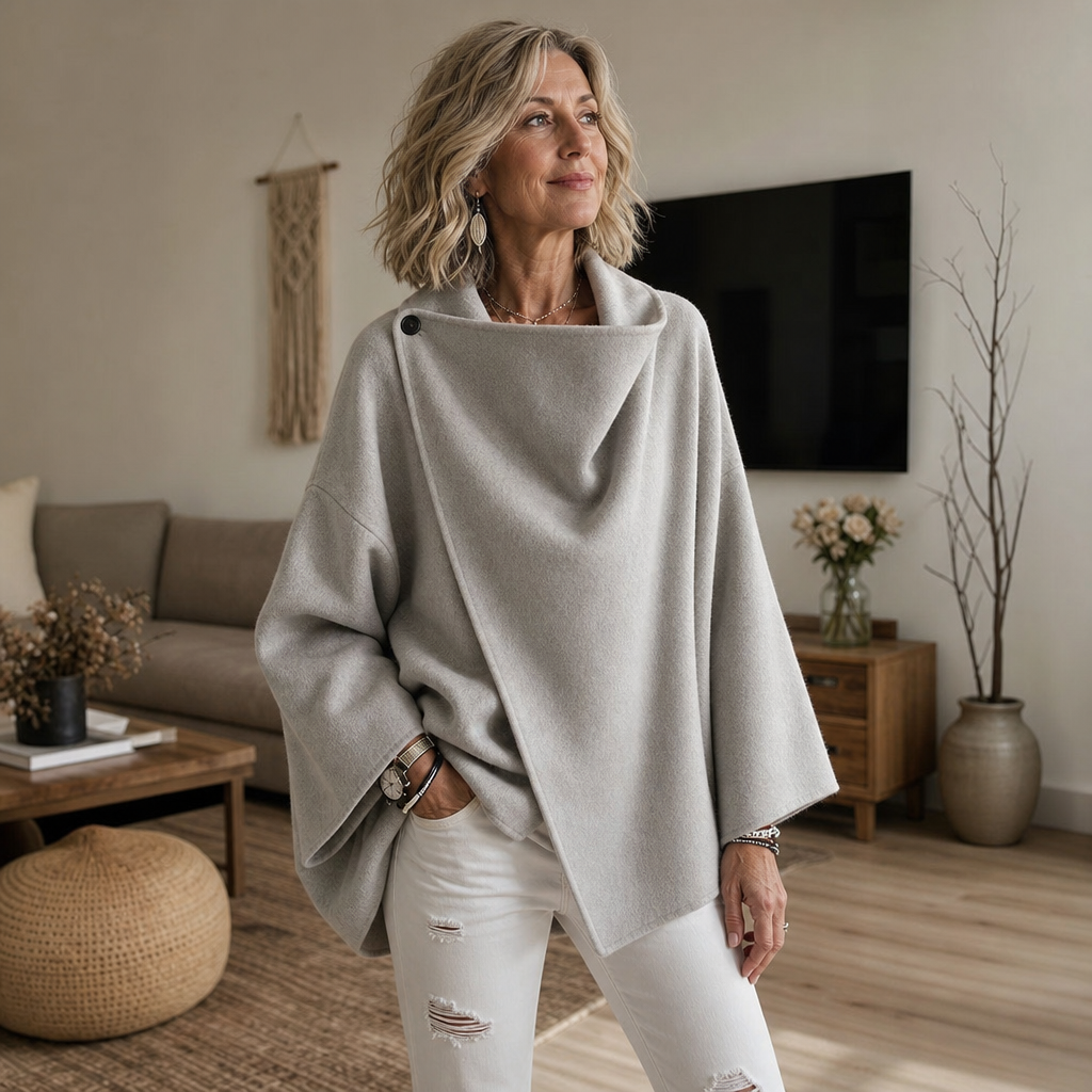 Asymmetrische Wickel-Cape-Jacke mit Knopf