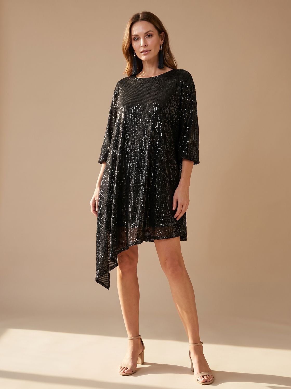 Asymmetrisches Pailletten-Minikleid für Damen mit drapiertem Ärmel für die Weihnachtsfeier