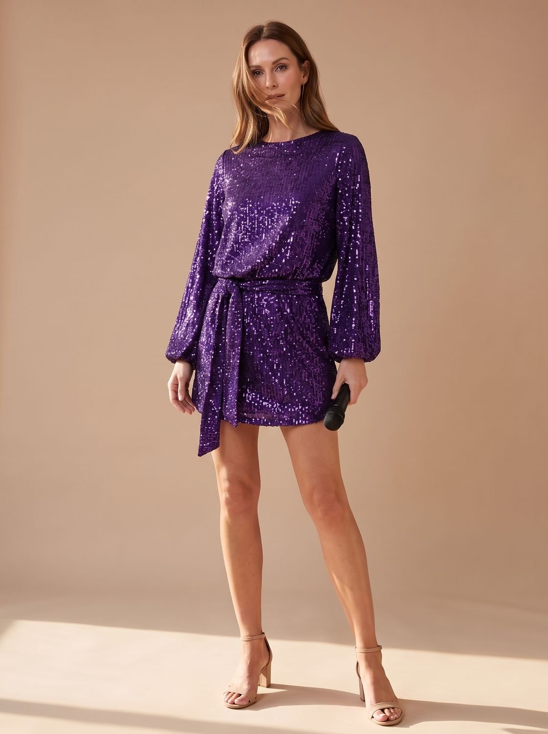 Asymmetrisches Pailletten-Minikleid für Damen mit drapiertem Ärmel für die Weihnachtsfeier
