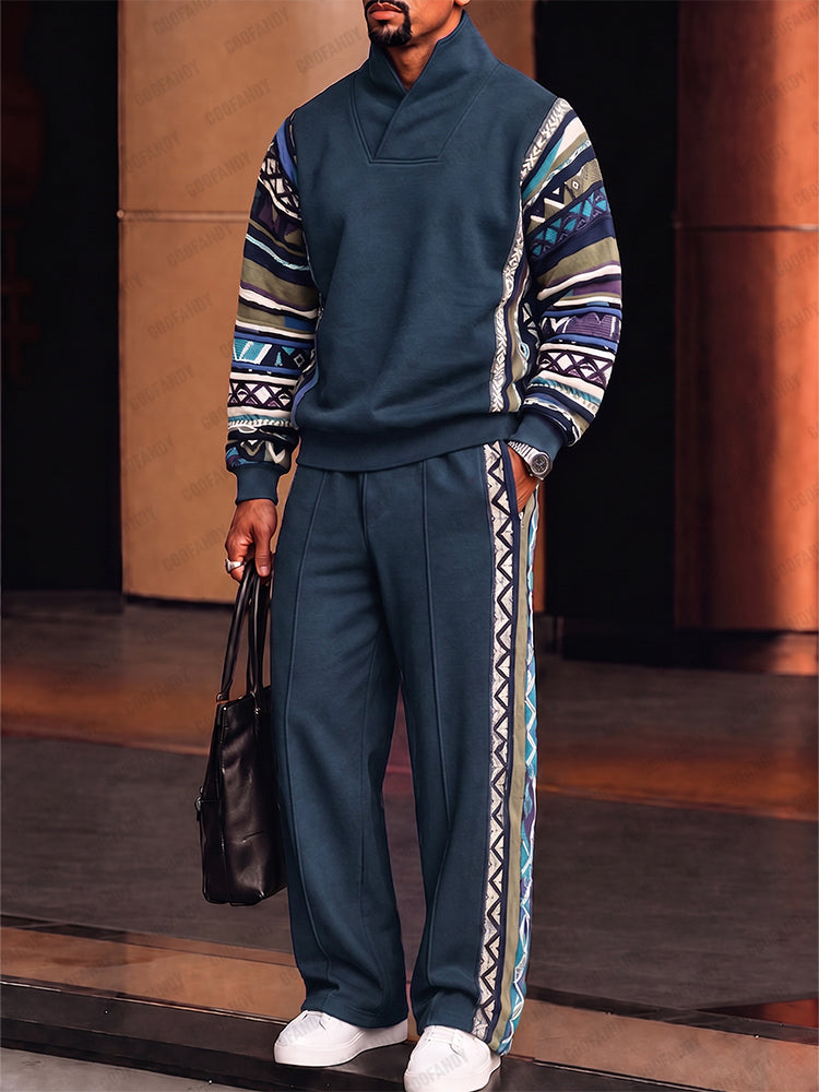 Athleisure-Set mit Stehkragen und Ethnomuster-Besatz