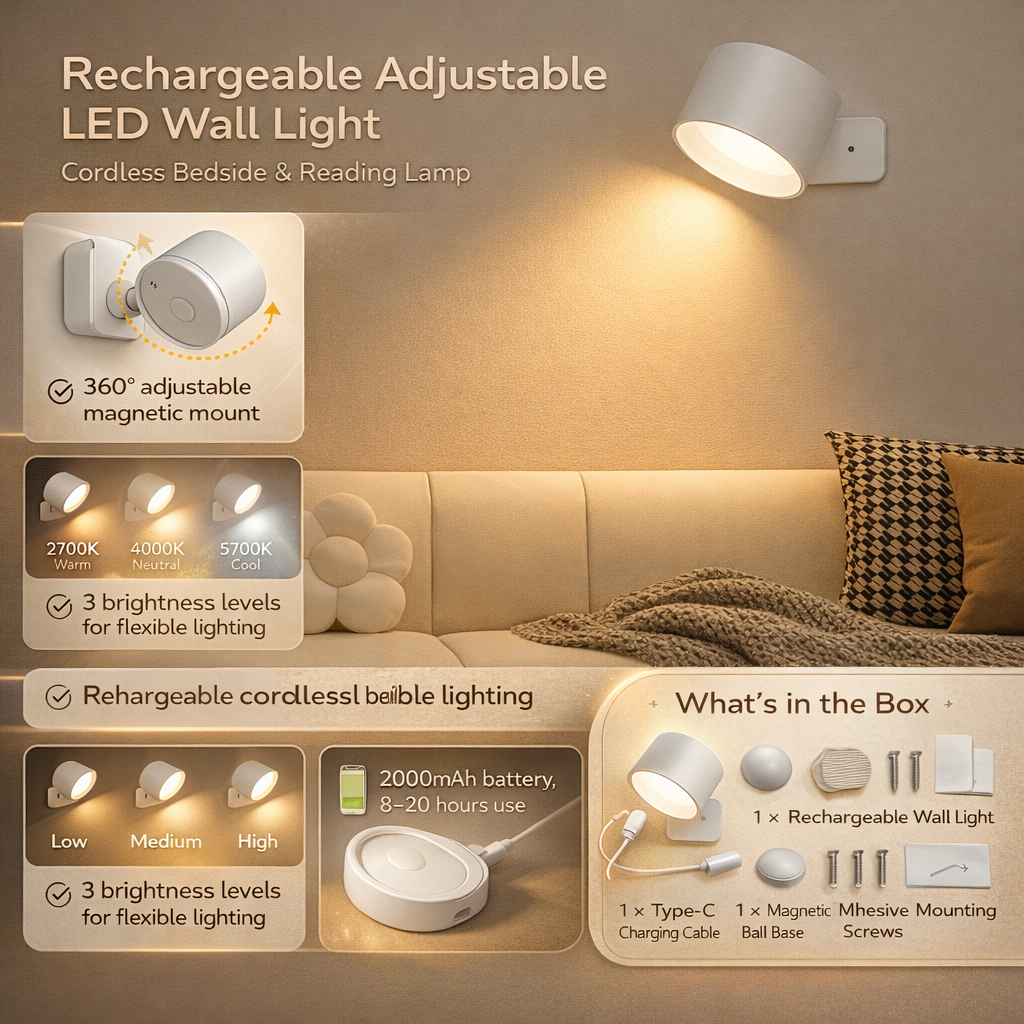 Aufladbare, verstellbare LED-Wandleuchte mit Magnetbefestigung