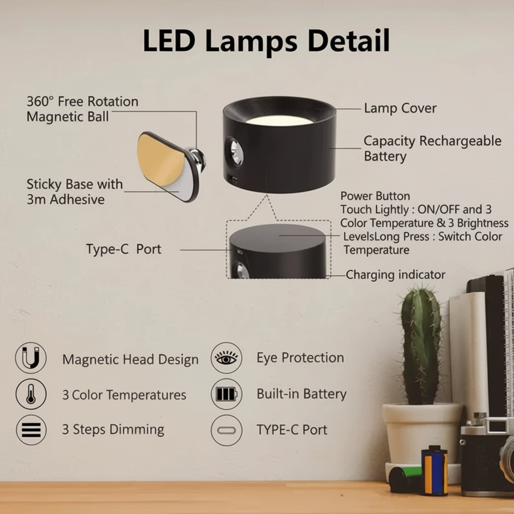 Aufladbare, verstellbare LED-Wandleuchte mit Magnetbefestigung
