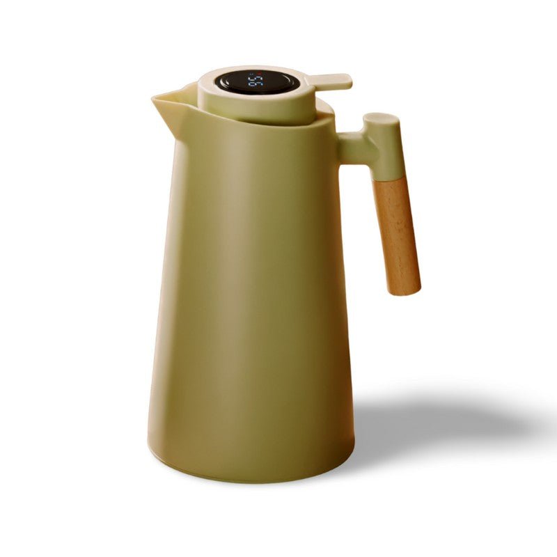Auslaufsichere Thermoskanne (1 Liter) mit Temperaturanzeige und Holzgriff