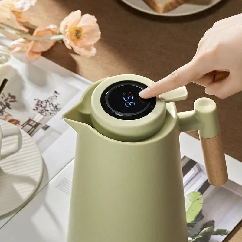 Auslaufsichere Thermoskanne (1 Liter) mit Temperaturanzeige und Holzgriff