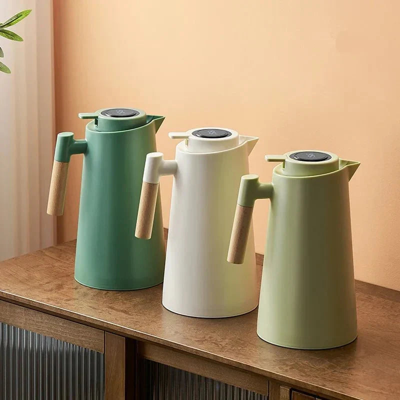 Auslaufsichere Thermoskanne (1 Liter) mit Temperaturanzeige und Holzgriff