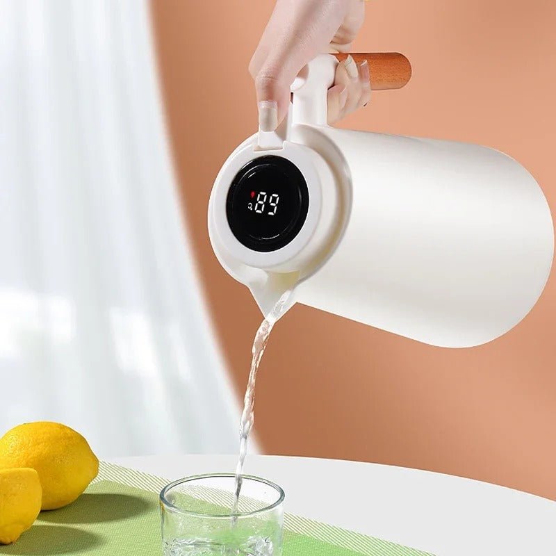 Auslaufsichere Thermoskanne (1 Liter) mit Temperaturanzeige und Holzgriff