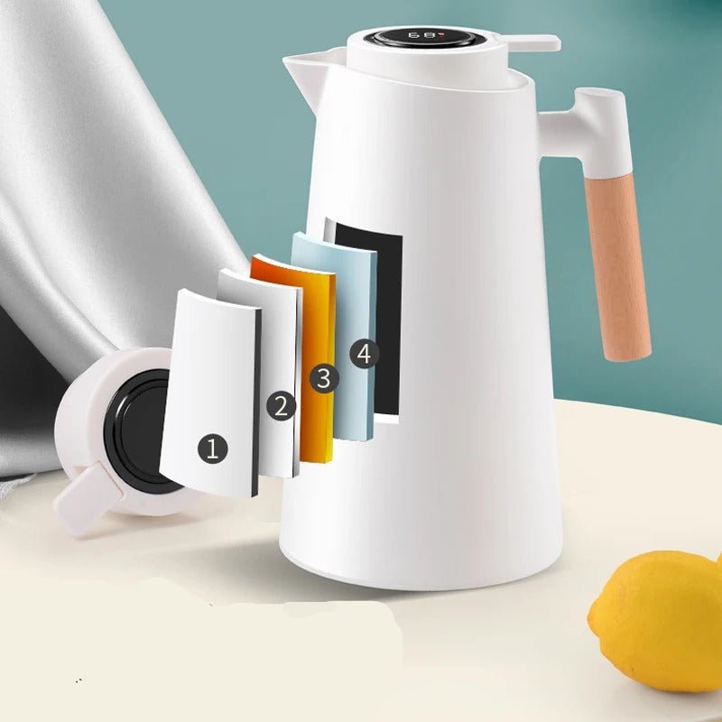 Auslaufsichere Thermoskanne (1 Liter) mit Temperaturanzeige und Holzgriff