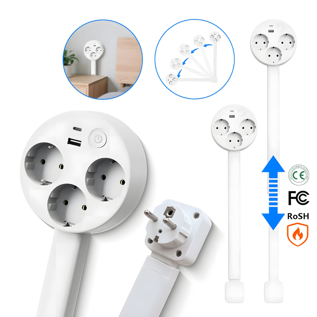 Ausziehbare USB-Steckdose mit drehbarem Kopf, 3 Steckplätze, 47–67 cm, Weiß