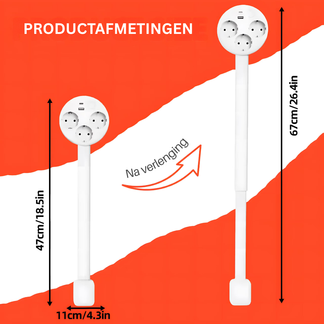 Ausziehbare USB-Steckdose mit drehbarem Kopf, 3 Steckplätze, 47–67 cm, Weiß