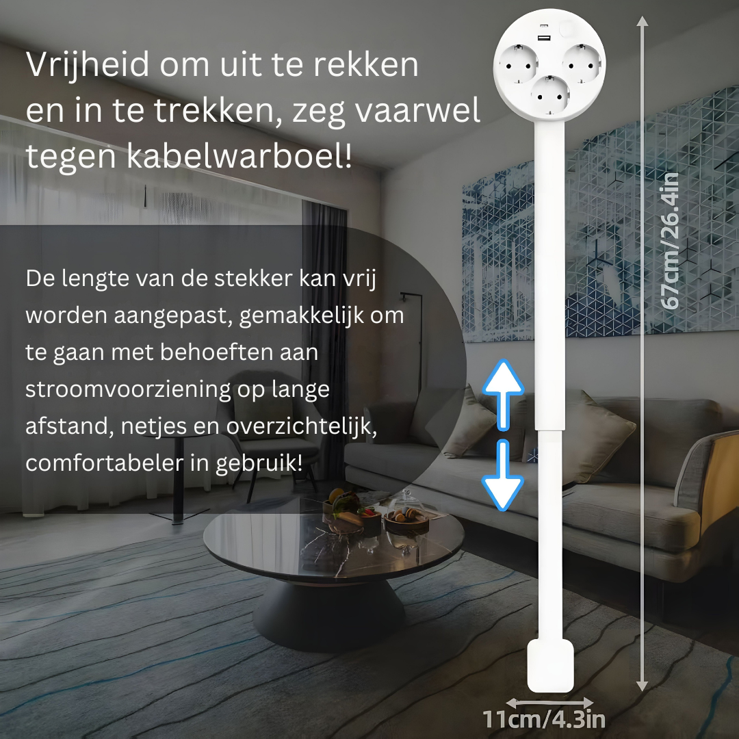 Ausziehbare USB-Steckdose mit drehbarem Kopf, 3 Steckplätze, 47–67 cm, Weiß