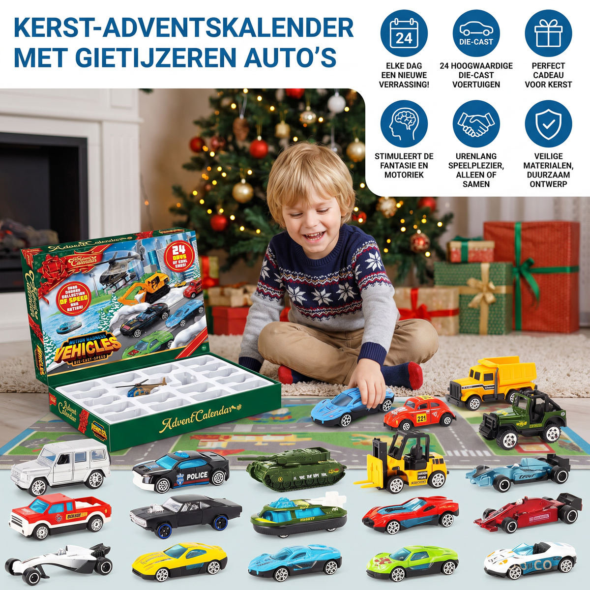 Auto-Adventskalender für Kinder 2026 – 24 Die-Cast-Spielzeugautos aus Metall