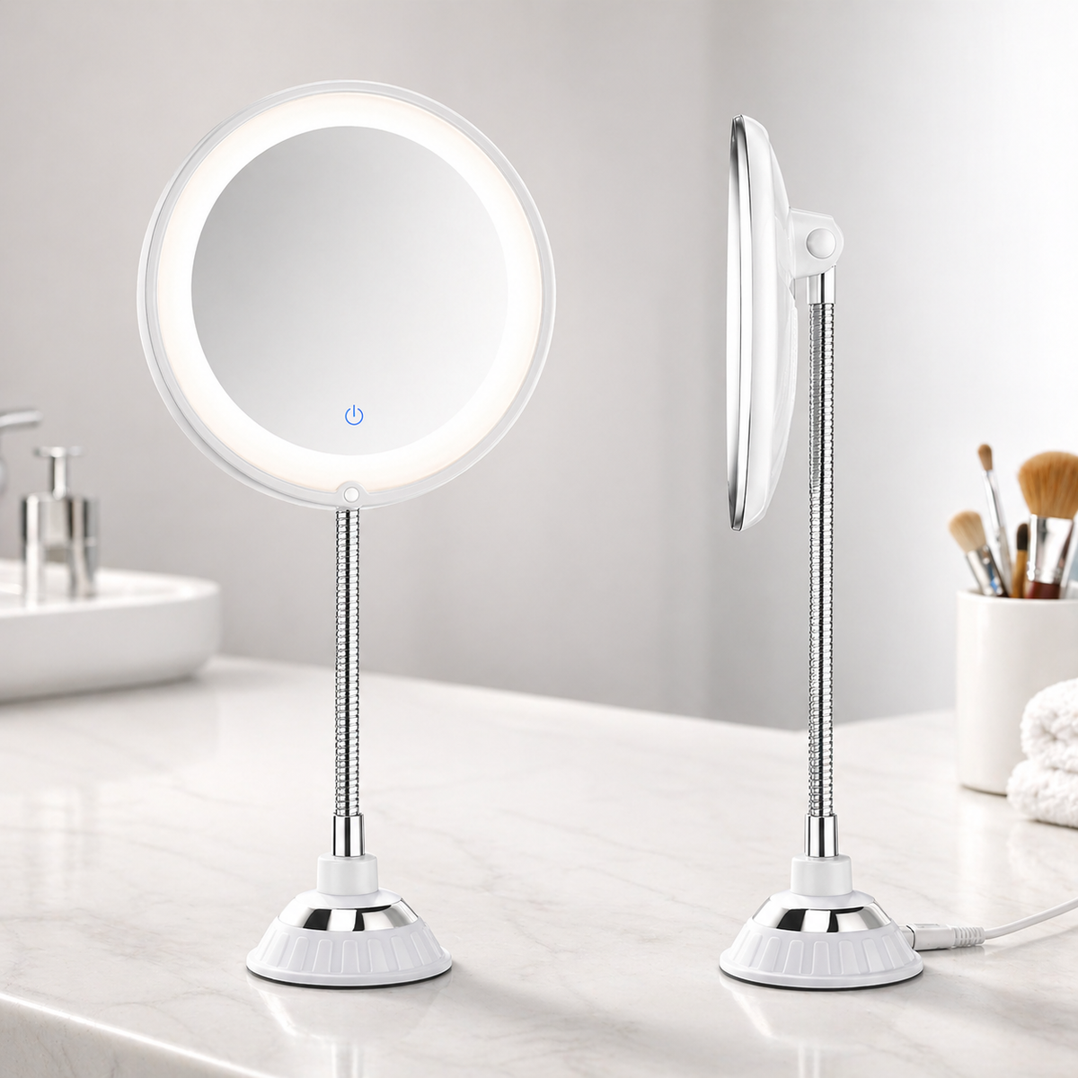 Badezimmerspiegel mit Vergrößerung, LED-Beleuchtung und flexiblem Arm