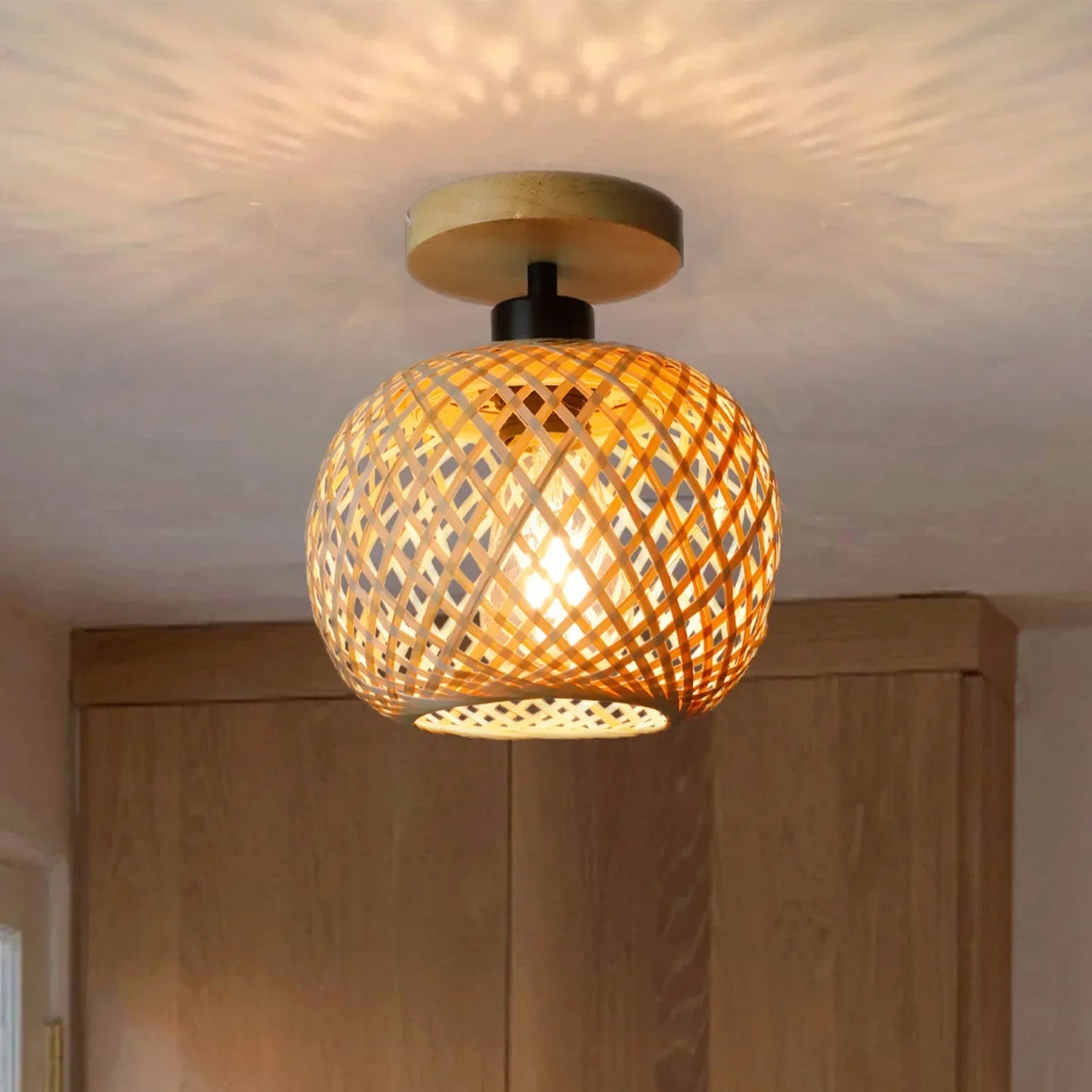 Bambus-Deckenleuchte | Handgeflochtene LED-Rattanleuchte