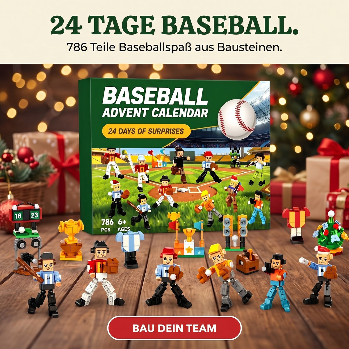 Baseball-Adventskalender, 786 Teile Spieler und Stadion aus Bausteinen