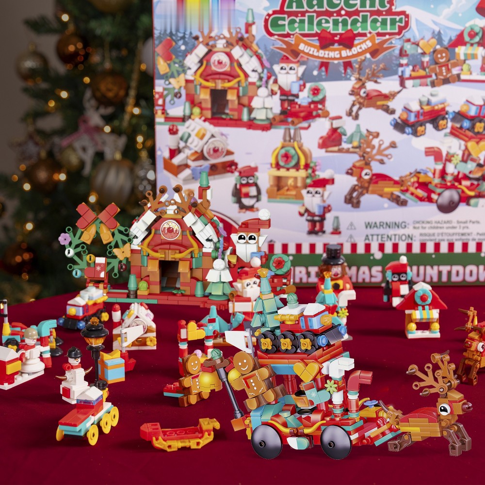 Baustein-Adventskalender mit täglichen Mini-Sets und zwei größeren Modellen für den Festtagstisch