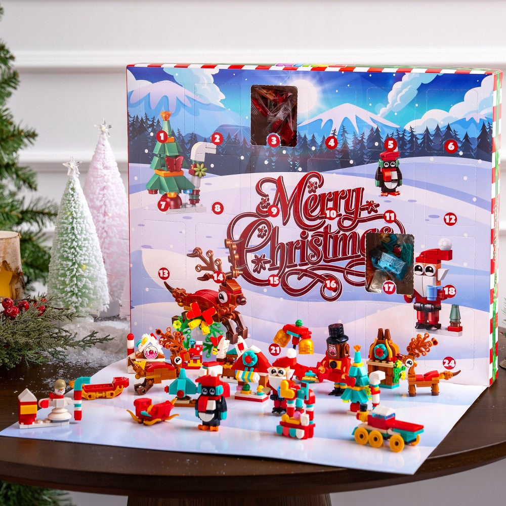 Baustein-Adventskalender mit täglichen Mini-Sets und zwei größeren Modellen für den Festtagstisch
