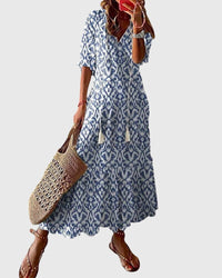 Bedrucktes Damen-Maxikleid mit V-Ausschnitt