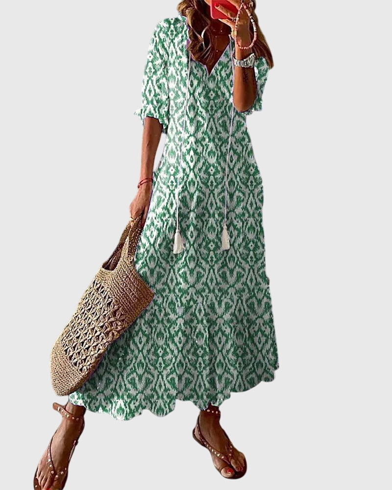 Bedrucktes Damen-Maxikleid mit V-Ausschnitt