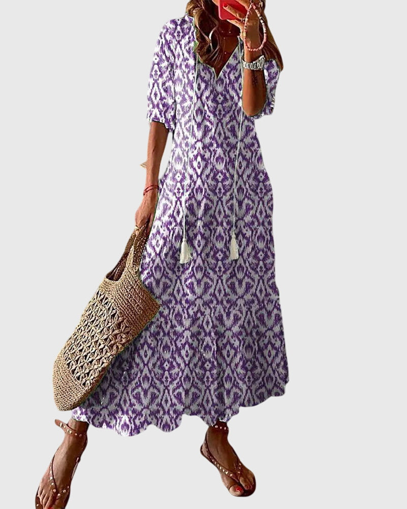 Bedrucktes Damen-Maxikleid mit V-Ausschnitt