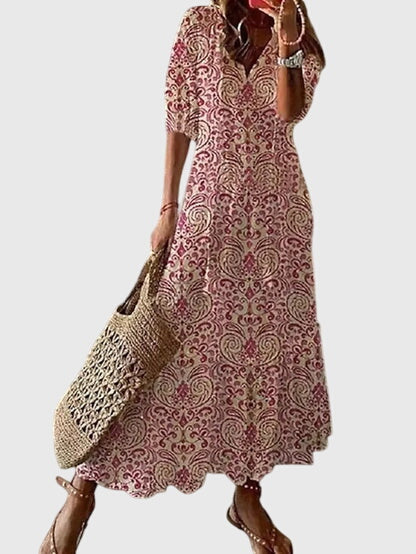 Bedrucktes Damen-Maxikleid mit V-Ausschnitt