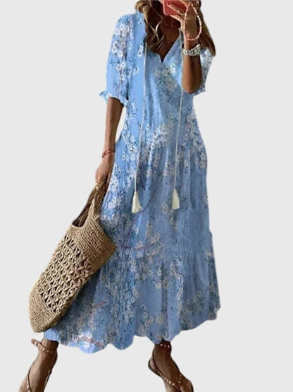 Bedrucktes Damen-Maxikleid mit V-Ausschnitt