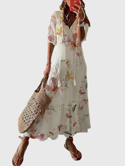 Bedrucktes Damen-Maxikleid mit V-Ausschnitt
