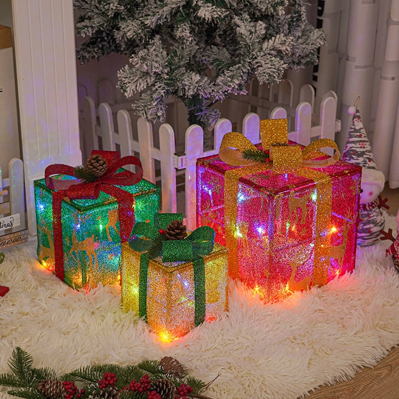 Beleuchtete Geschenkboxen als Außendekoration, 3er-Set mit LED-Lichtern für Weihnachten